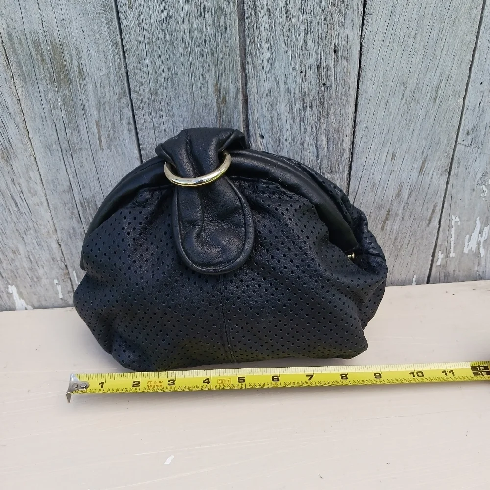 Vintage Perforated‎ Leather Black Clutch Purse Magnet Closure